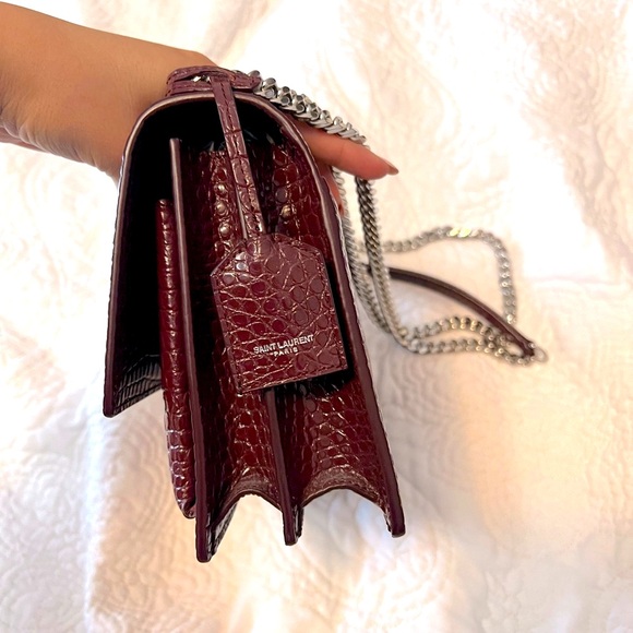 Saint Laurent YSL Burgundy Croc Medium Sunset Leather Bag - Picture 12 of 12